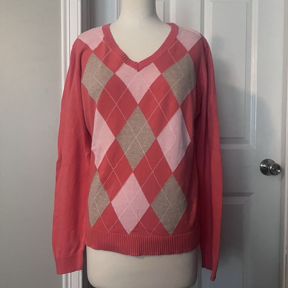 Argyle Sweater Large Izod Salmon Cotton Pink Tan Long Sleeves V Neck Preppy Golf